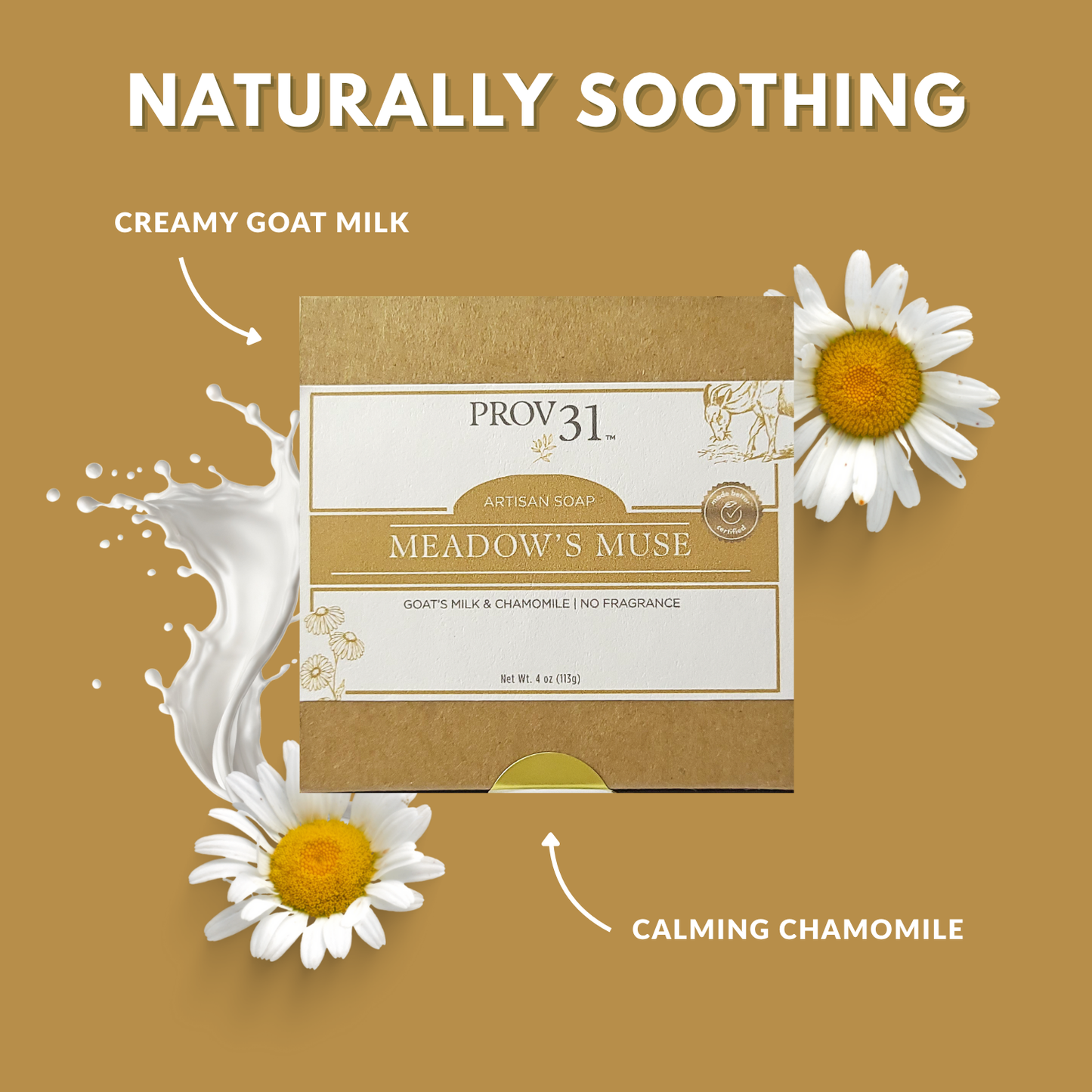 PROV 31 Meadow's Muse soap bar with chamomile flowers and creamy goat milk on a golden background