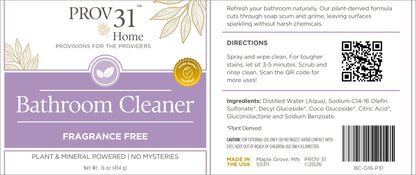 Label of Prov31 Home Bathroom Cleaner with directions and nontoxic ingredients listed.