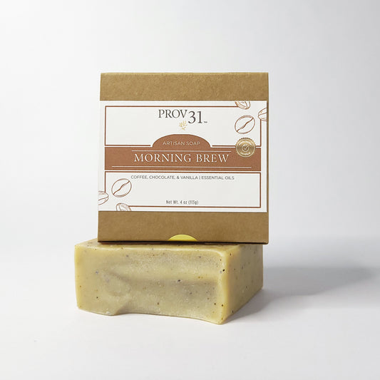 PROV 31 home coffee bar of soap with a brown box labeled 'PROV 31 Morning Brew' on a white background