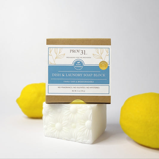 PROV 31 home dish and laundry soap block with packaging on a white background with lemons