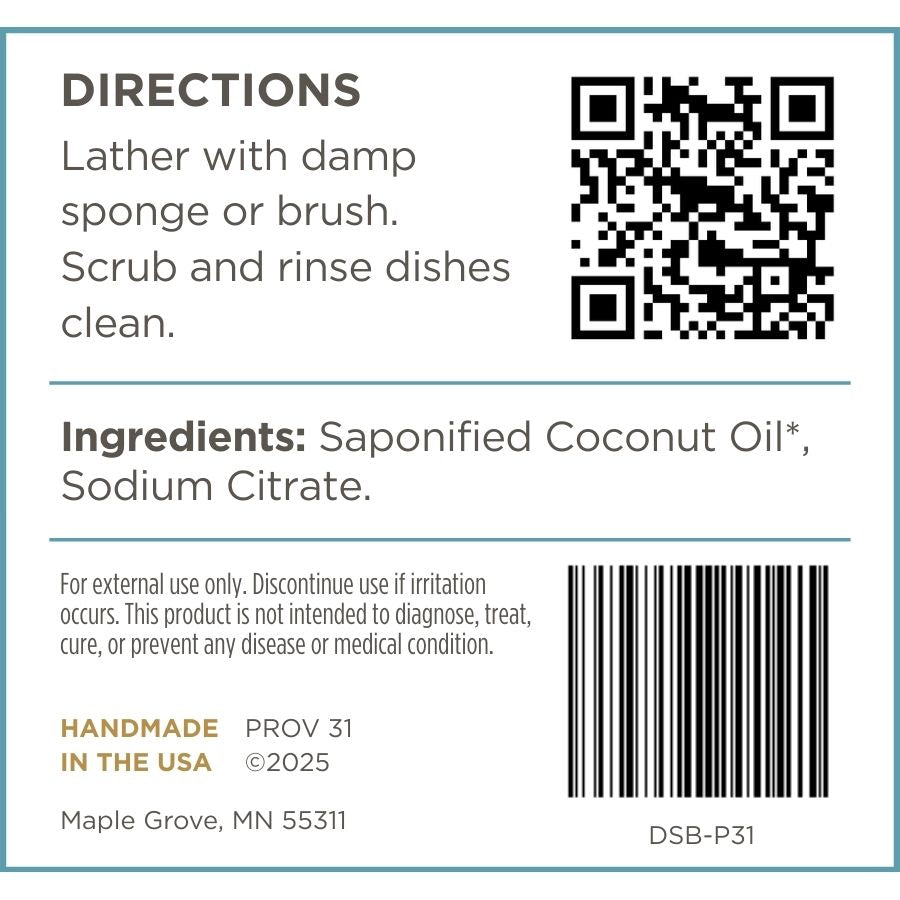 Prov 31 dish soap block label with directions, ingredients, and contact information on a white background