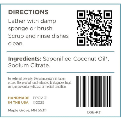 Prov 31 dish soap block label with directions, ingredients, and contact information on a white background