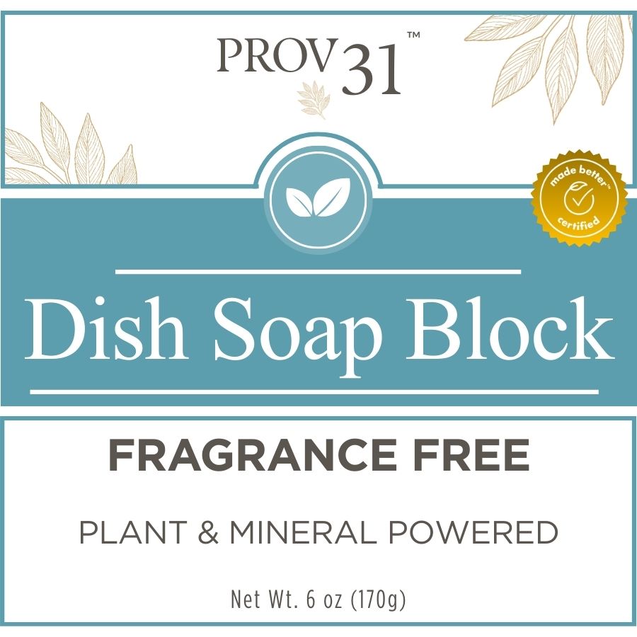 Label of Prov 31 home dish soap block packaging with fragrance-free and plant-mineral powered text.