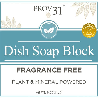 Label of Prov 31 home dish soap block packaging with fragrance-free and plant-mineral powered text.