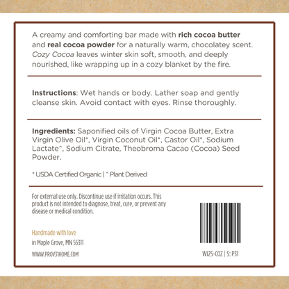 Product label for PROV 31 home soap bar with cocoa butter and cocoa powder, featuring text about its benefits and usage instructions.
