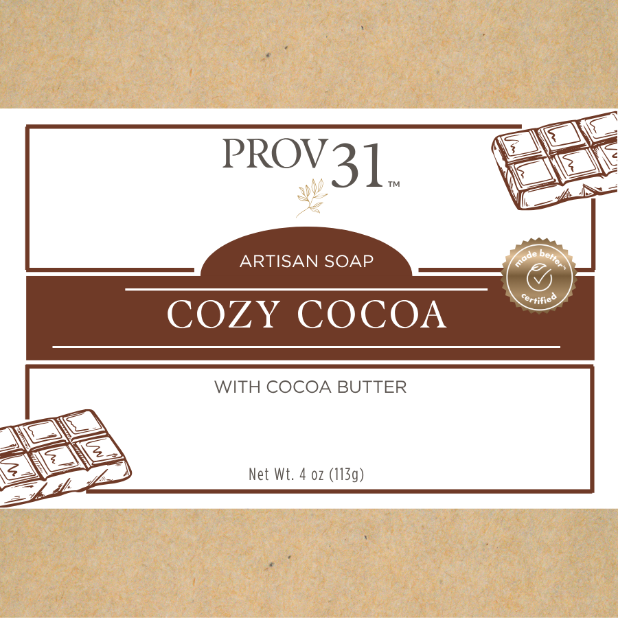 PROV 31 Home Cozy Cocoa soap bar packaging on a brown background