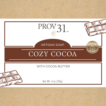 PROV 31 Home Cozy Cocoa soap bar packaging on a brown background