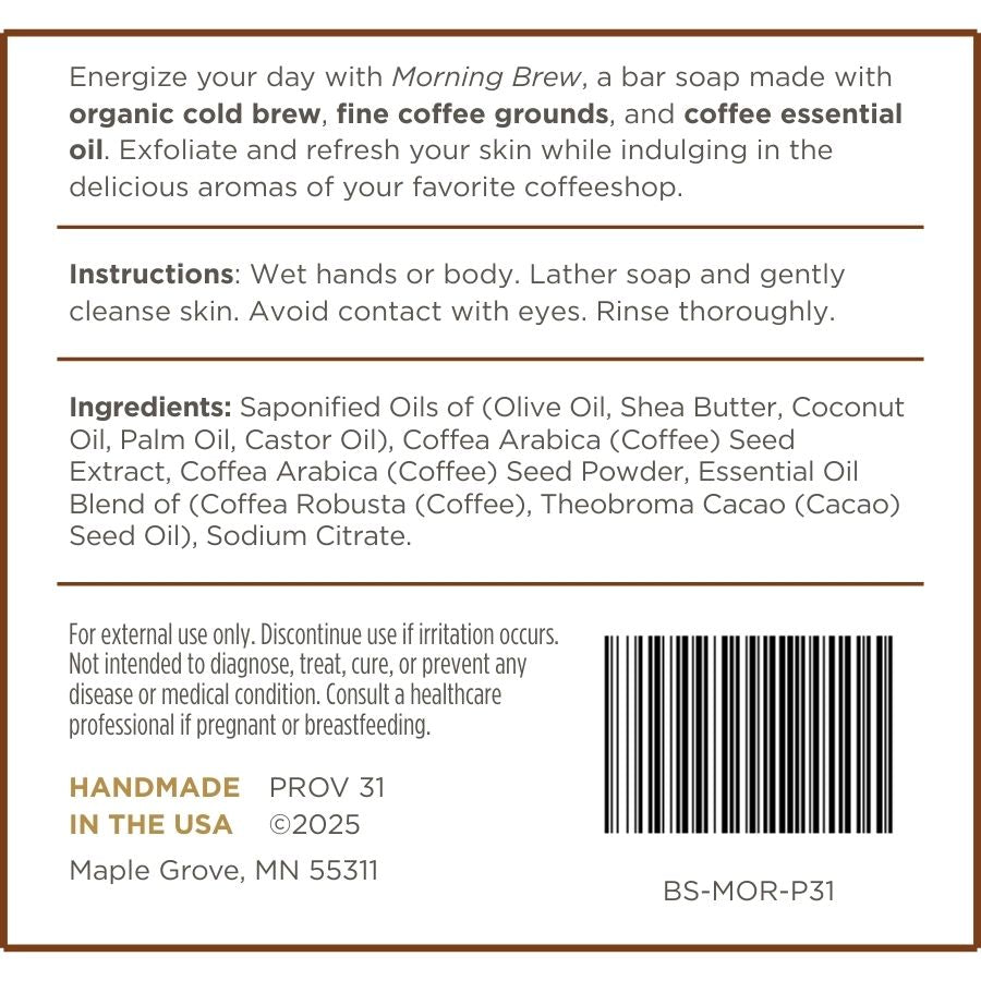 Label for prov 31 bar soap with morning coffee theme, including instructions, ingredients, and branding details.