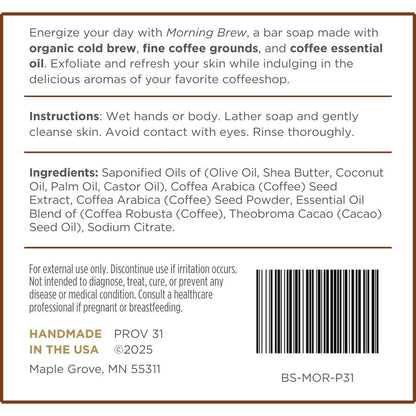 Label for prov 31 bar soap with morning coffee theme, including instructions, ingredients, and branding details.