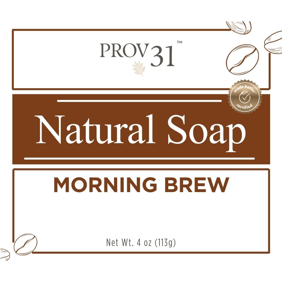Label of Prov 31 Natural Soap Morning Brew with coffee bean graphics on a white background