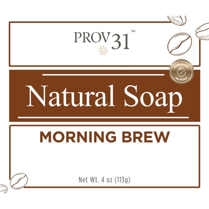 Label of Prov 31 Natural Soap Morning Brew with coffee bean graphics on a white background