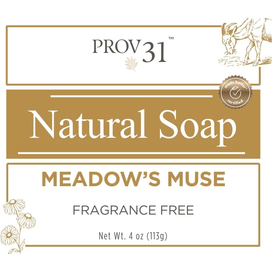 Label of Prov 31 Home Natural Soap with 'Meadow's Muse' and  'fragrance free' on a white background