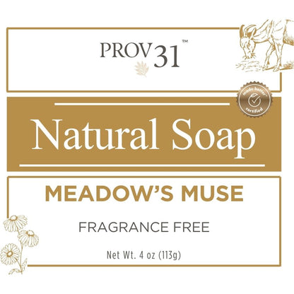 Label of Prov 31 Home Natural Soap with 'Meadow's Muse' and  'fragrance free' on a white background