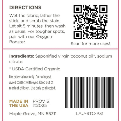 Prov 31 home laundry stain stick label with directions, ingredients, and contact information on a white background