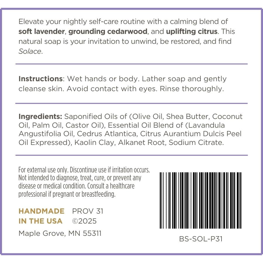 Prov 31 natural lavender soap label with text and ingredients for a soap bar, featuring lavender, cedarwood, and citrus scents.