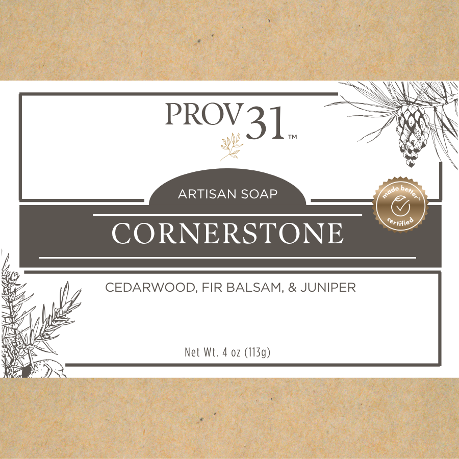 PROV 31 Home men's artisan soap label with cedarwood, fir balsam, and juniper on a brown background