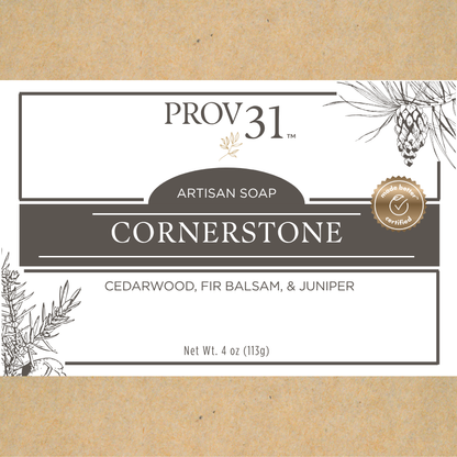 PROV 31 Home men's artisan soap label with cedarwood, fir balsam, and juniper on a brown background