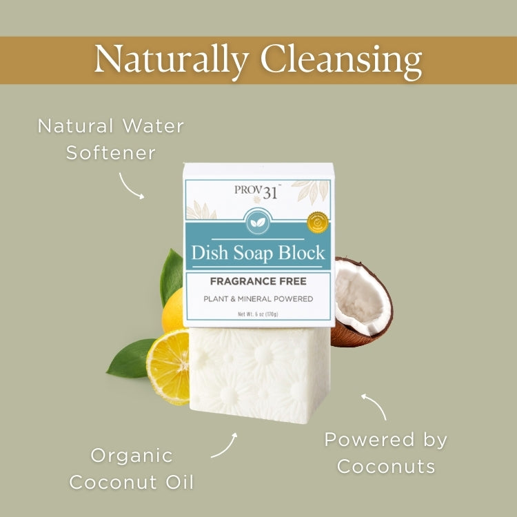 PROV 31 dish soap block with coconut and lemon elements on a green background