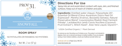 PROV 31 Home winter room spray label with directions and ingredients on a white background