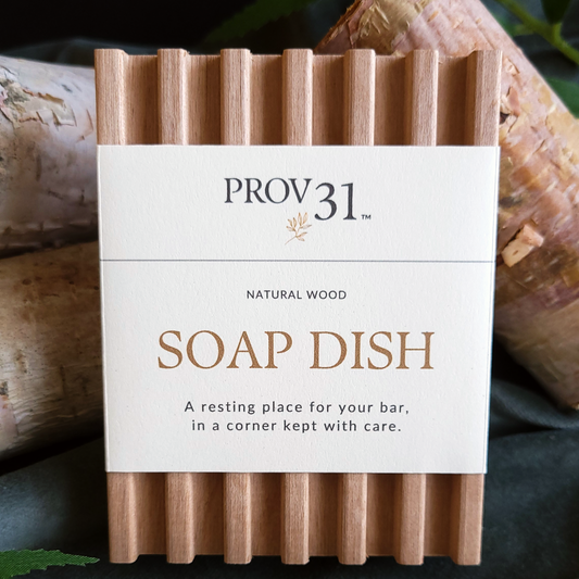 Wooden soap dish with white label featuring 'PROV 31' branding