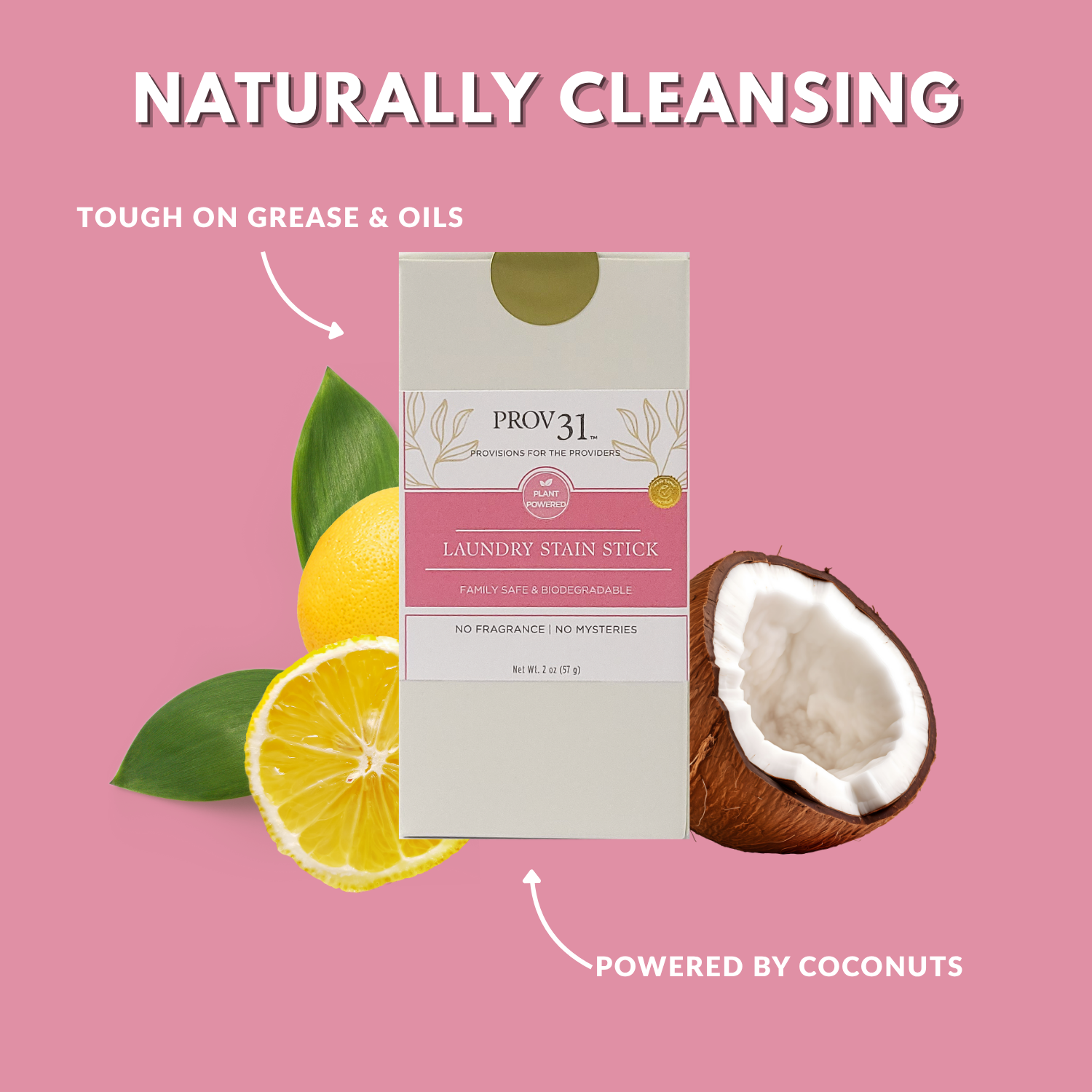 PROV 31 laundry stain stick with coconut and lemon on a pink background