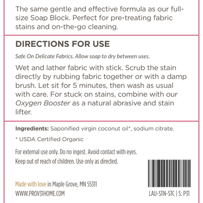 Product label for prov 31 laundry stick with directions for use and ingredient list.