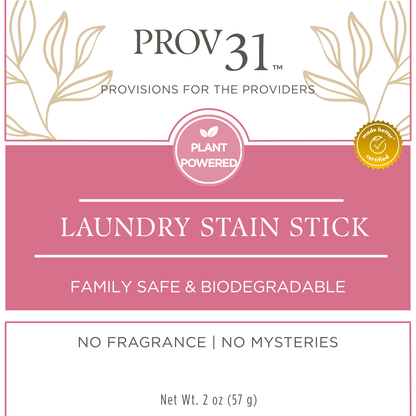Label of Prov 31 laundry stain stick with plant-powered and family-safe claims.