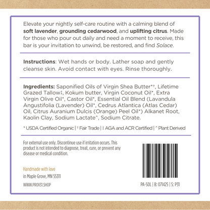 Product label of prov 31 lavender soap with text and ingredients on a brown background