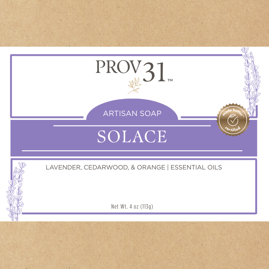 Packaging with lavender design elements of PROV 31 lavender artisan soap called solace.