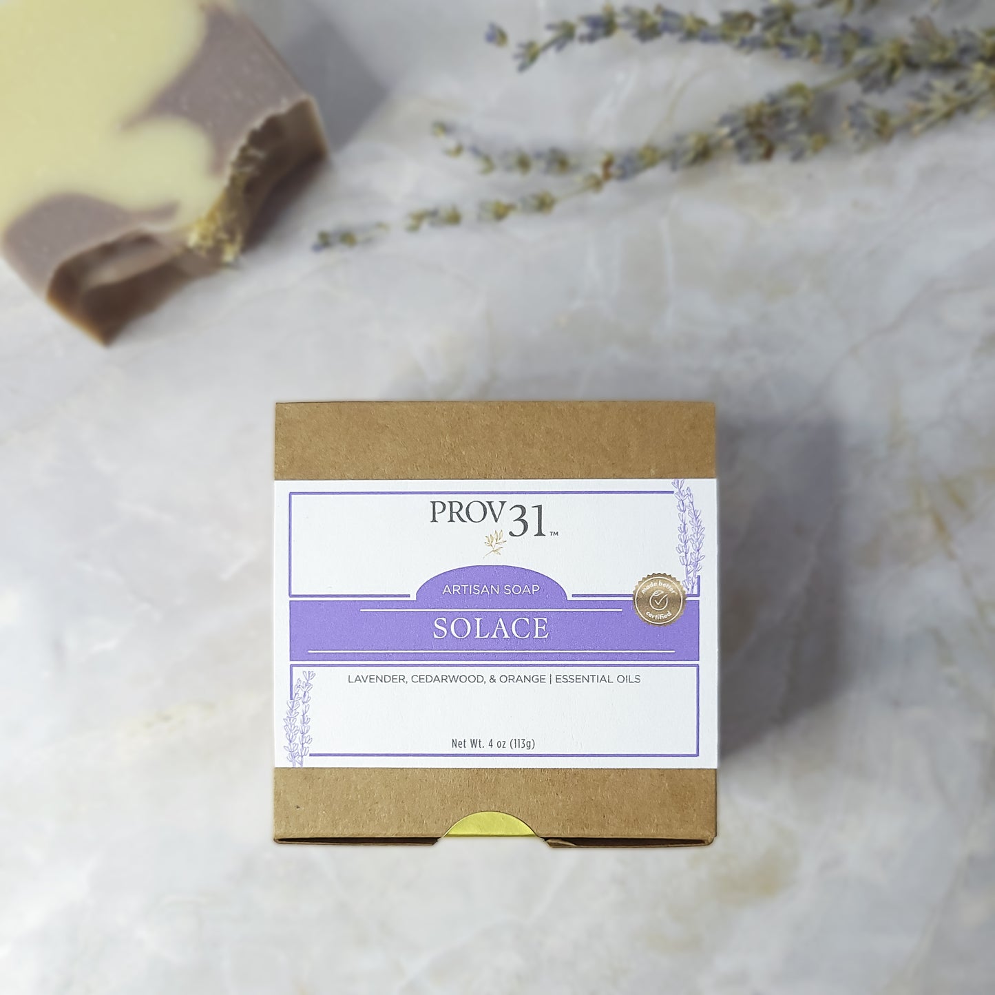 PROV 31 lavender soap bar packaging on a marble background