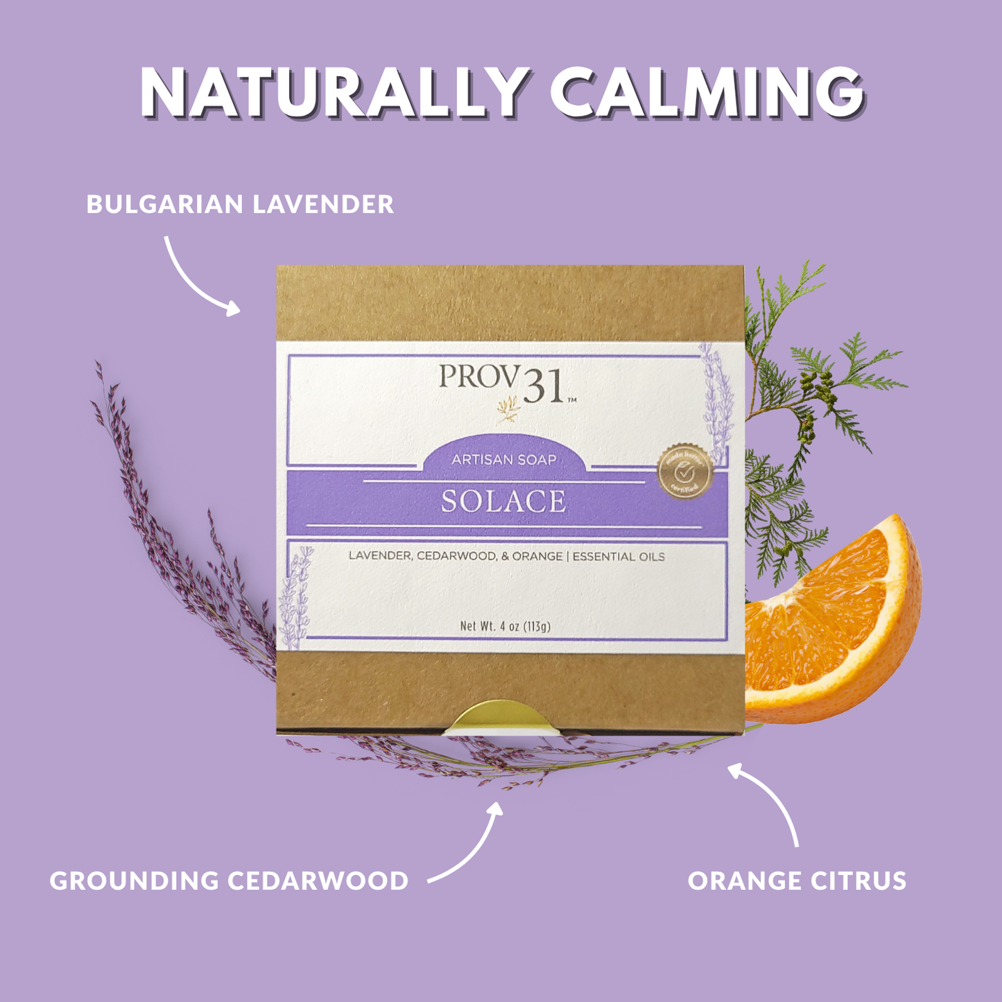 Prov 31 natural soap bar with lavender, cedarwood, and orange on a purple background