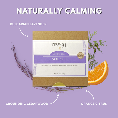 Prov 31 natural soap bar with lavender, cedarwood, and orange on a purple background