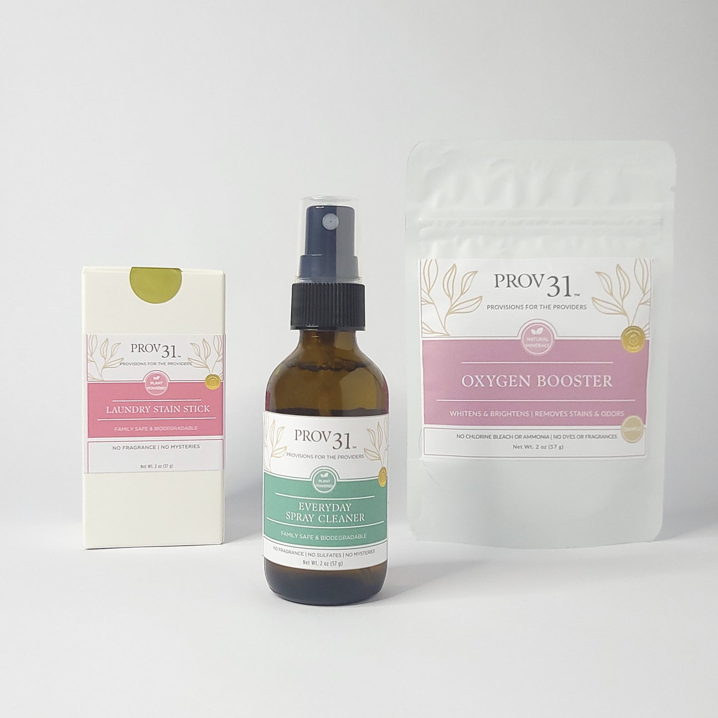 PROV 31 natural household cleaning products including a spray bottle, laundry stain stick, and laundry oxygen booster on a white background