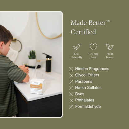 A child washing hands at a bathroom sink with a box of PROV 31 Natural Soap visible on the counter, alongside a dark olive-green text panel that reads 'Made Better Certified' and lists eco-friendly, cruelty-free, and plant-based benefits.