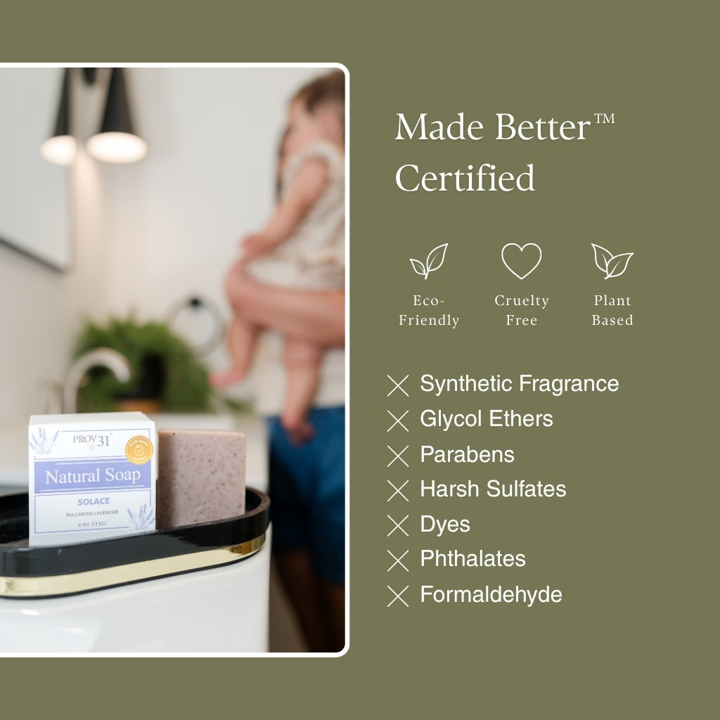 Promotional graphic for PROV 31 Natural Soap, showing a bar of soap and its packaging on a tray in a bathroom setting, alongside a 'Made Better Certified' badge with product benefits listed on the right, such as eco-friendly and plant-based.