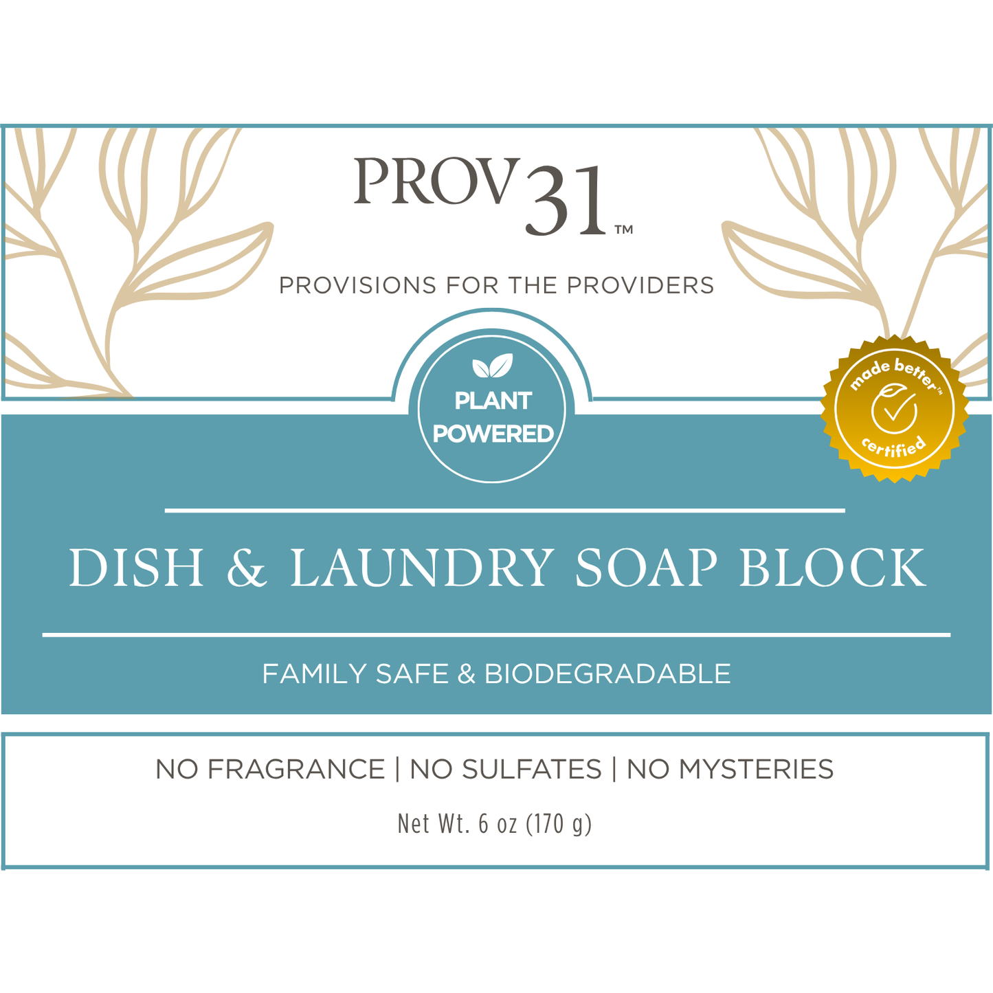 Prov 31 dish and laundry soap block packaging with plant-powered label