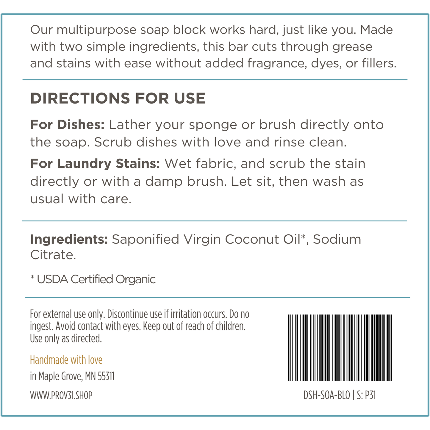 Product label for prov 31 dish and laundry soap block with directions for use, ingredients, and contact information on a blue background