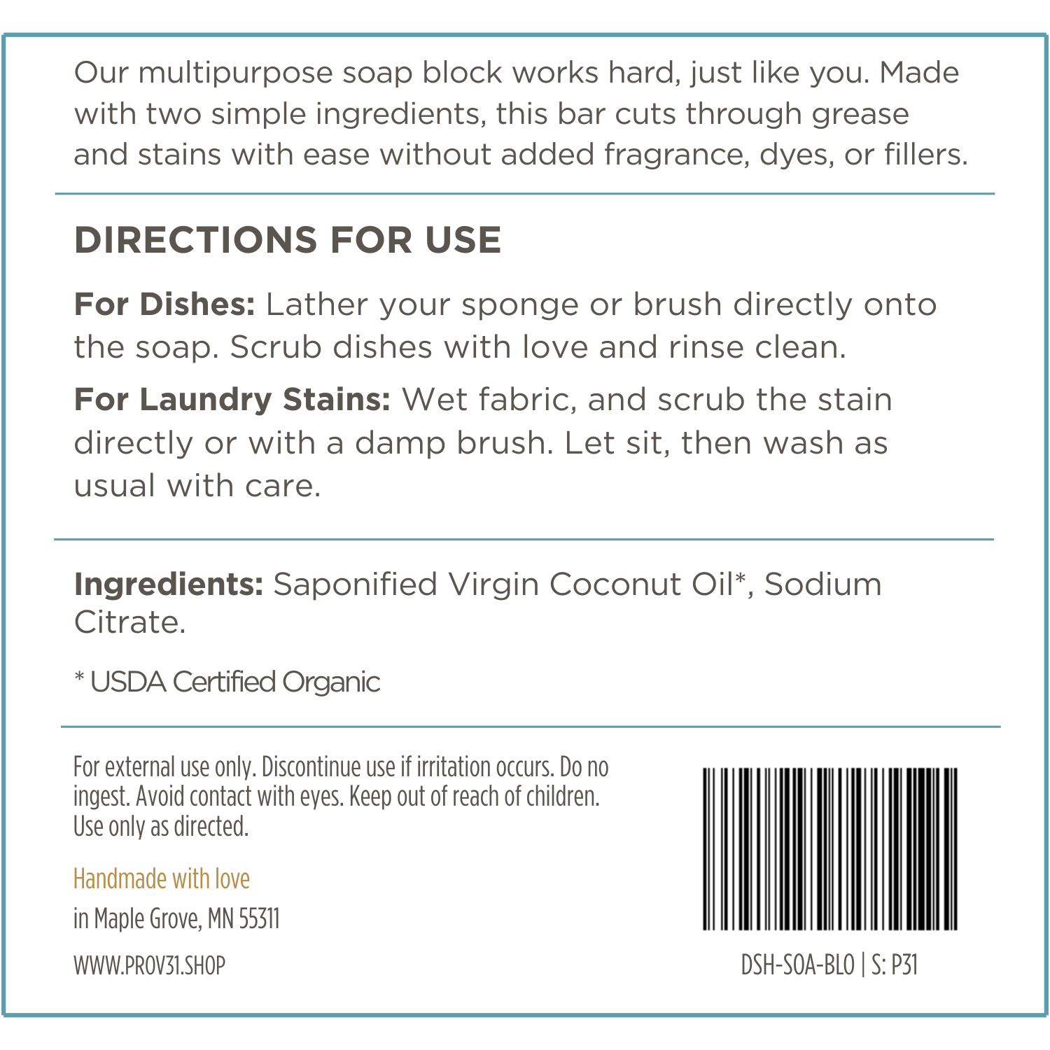 Product label for prov 31 dish and laundry soap block with directions for use, ingredients, and contact information on a blue background