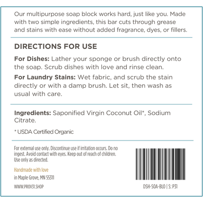 Product label for prov 31 dish and laundry soap block with directions for use, ingredients, and contact information on a blue background