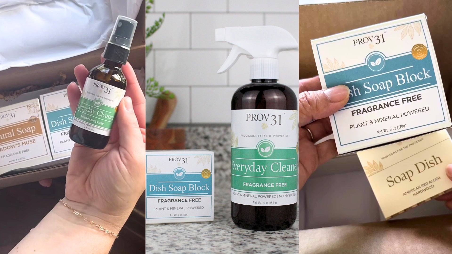 A three-panel collage showing Prov31 dish soap block and everyday cleaner products in use. The left panel shows a hand holding a small amber spray bottle.