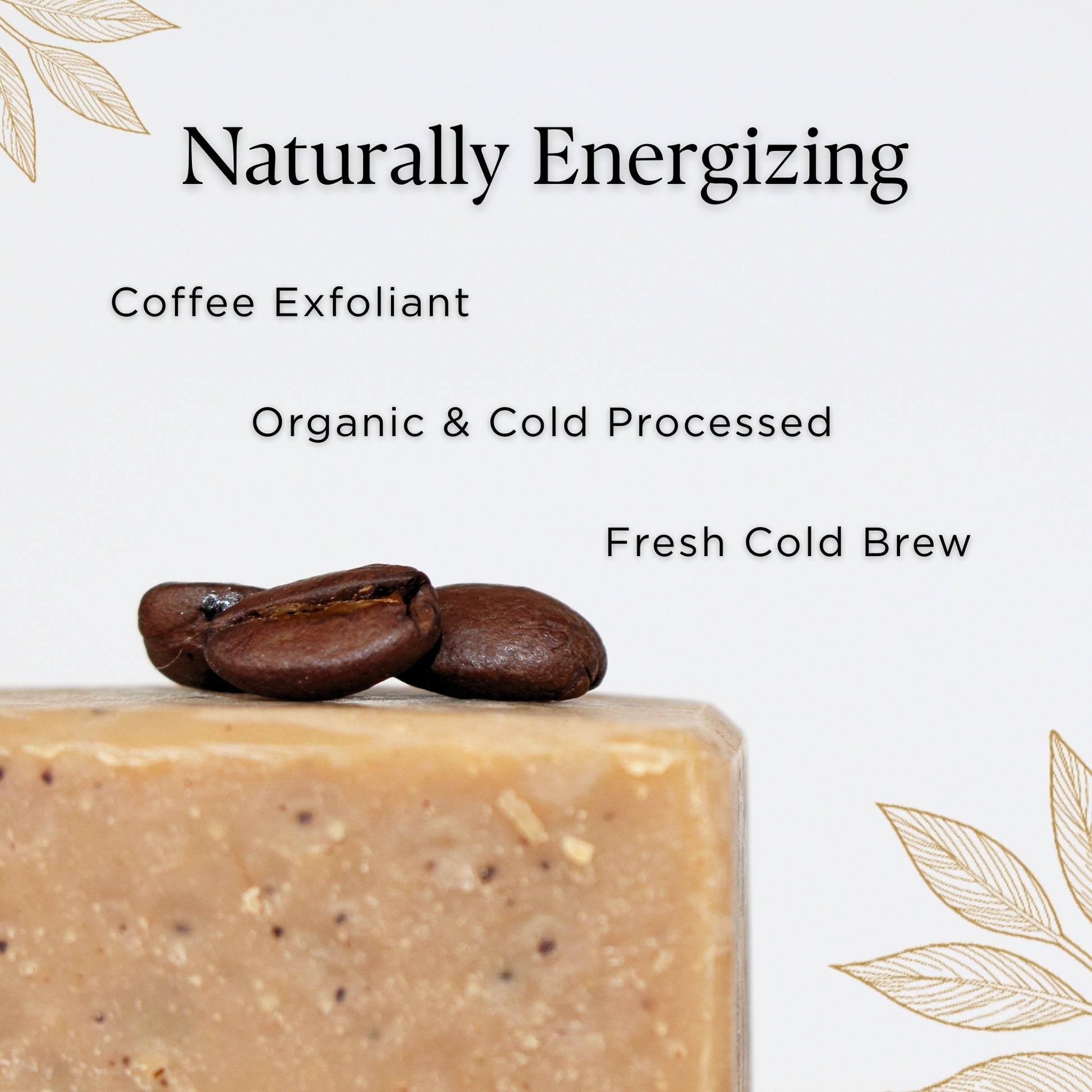 Close up of Prov 31 natural soap bar with coffee beans on a white background, next to text about fresh cold brew, coffee exfoliants, and organic and cold-processed ingredients.