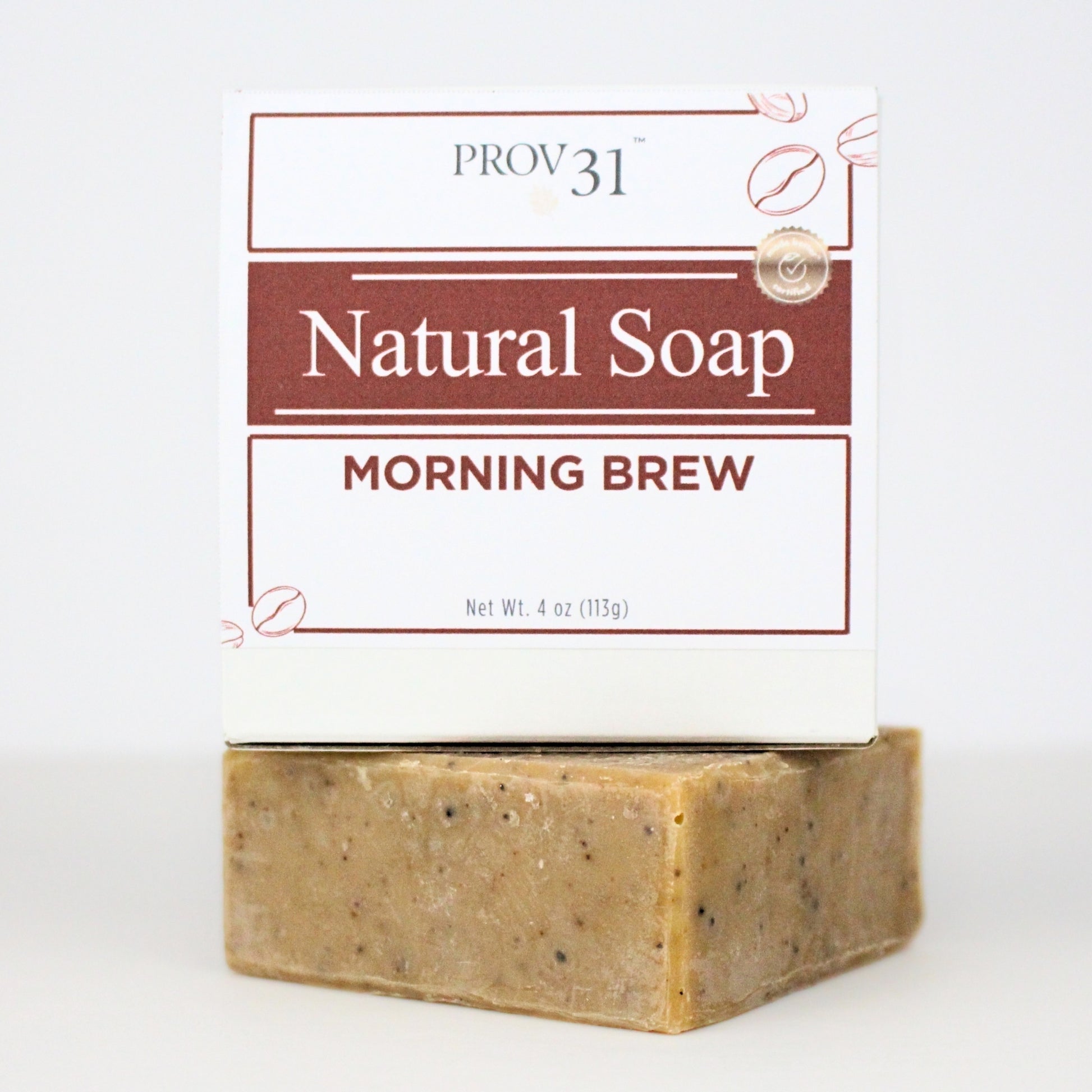 Bar of Prov 31 natural soap with 'Morning Brew' coffee scent on a white background