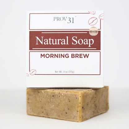Bar of Prov 31 natural soap with 'Morning Brew' coffee scent on a white background