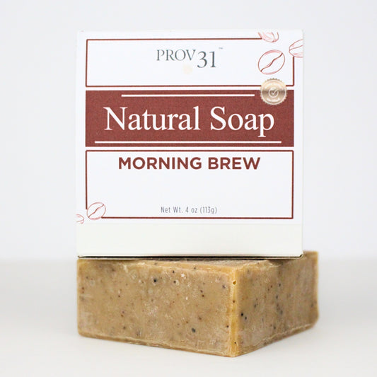 Bar of Prov 31 natural soap with 'Morning Brew' coffee scent on a white background