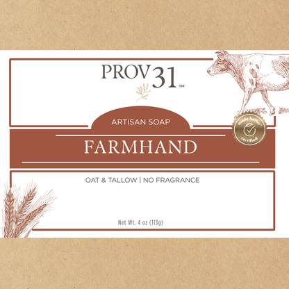 PROV 31 oat and tallow artisan soap label with cow illustration on a brown background