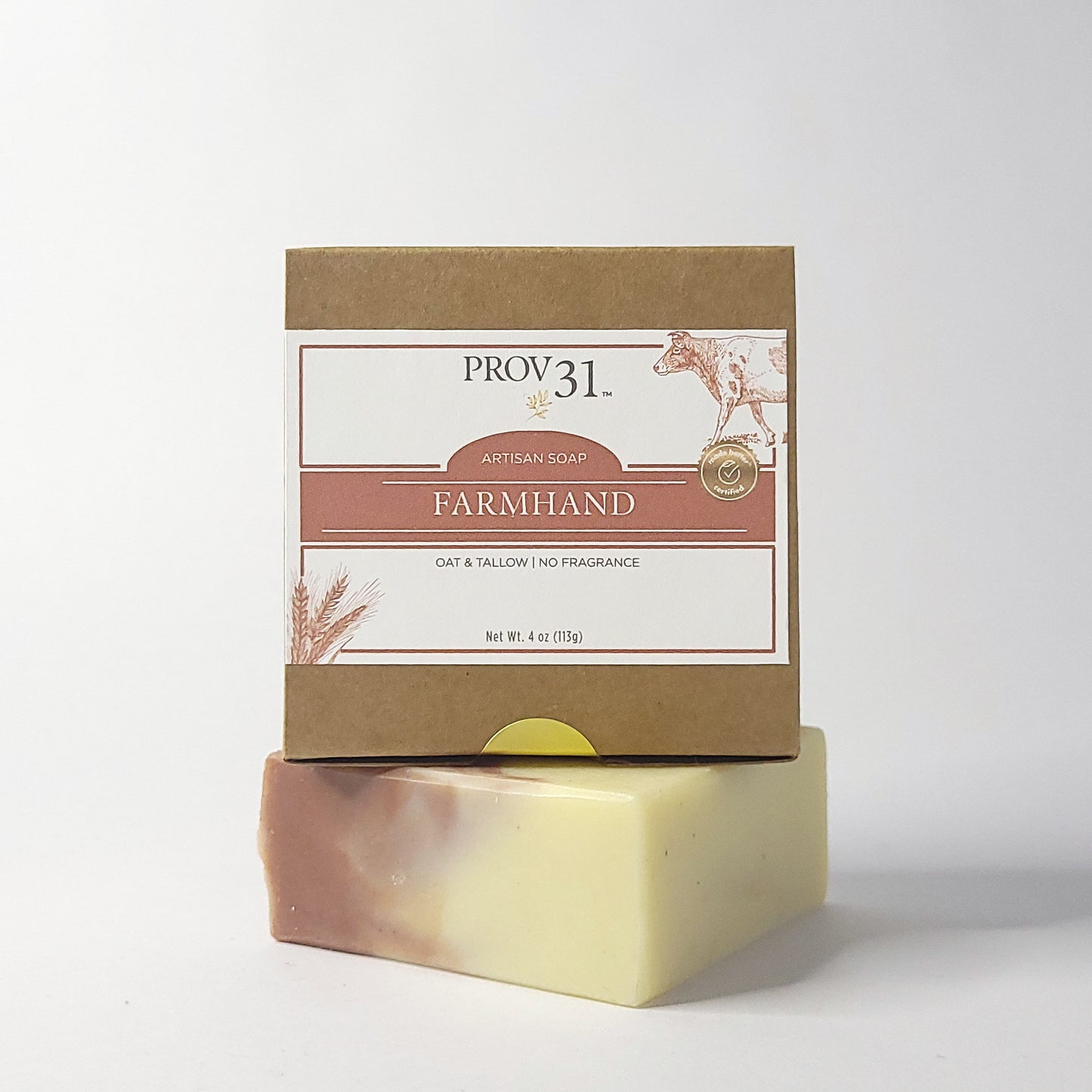 PROV 31 bar of soap made with oat and tallow on a brown and white label on a white background