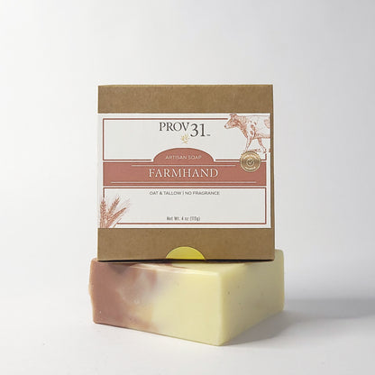 PROV 31 bar of soap made with oat and tallow on a brown and white label on a white background