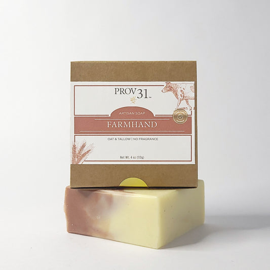 PROV 31 bar of soap made with oat and tallow on a brown and white label on a white background