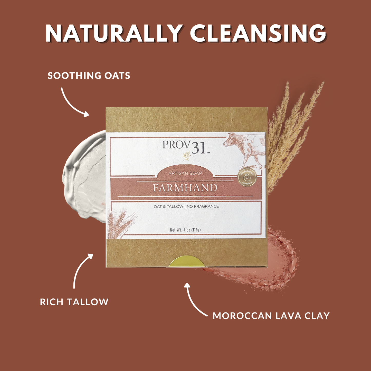 PROV 31 oat and tallow soap bar with ingredients labeled on a red background