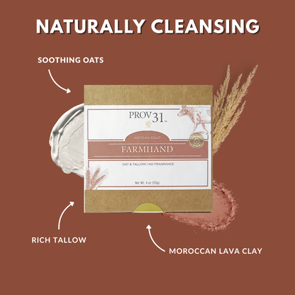 PROV 31 oat and tallow soap bar with ingredients labeled on a red background